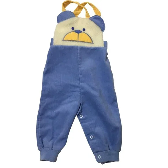VTG HEALTH-TEX Baby Bib Overalls Bear Face Corduroy Blue Gold Straps 9M USA VBC - Picture 1 of 6